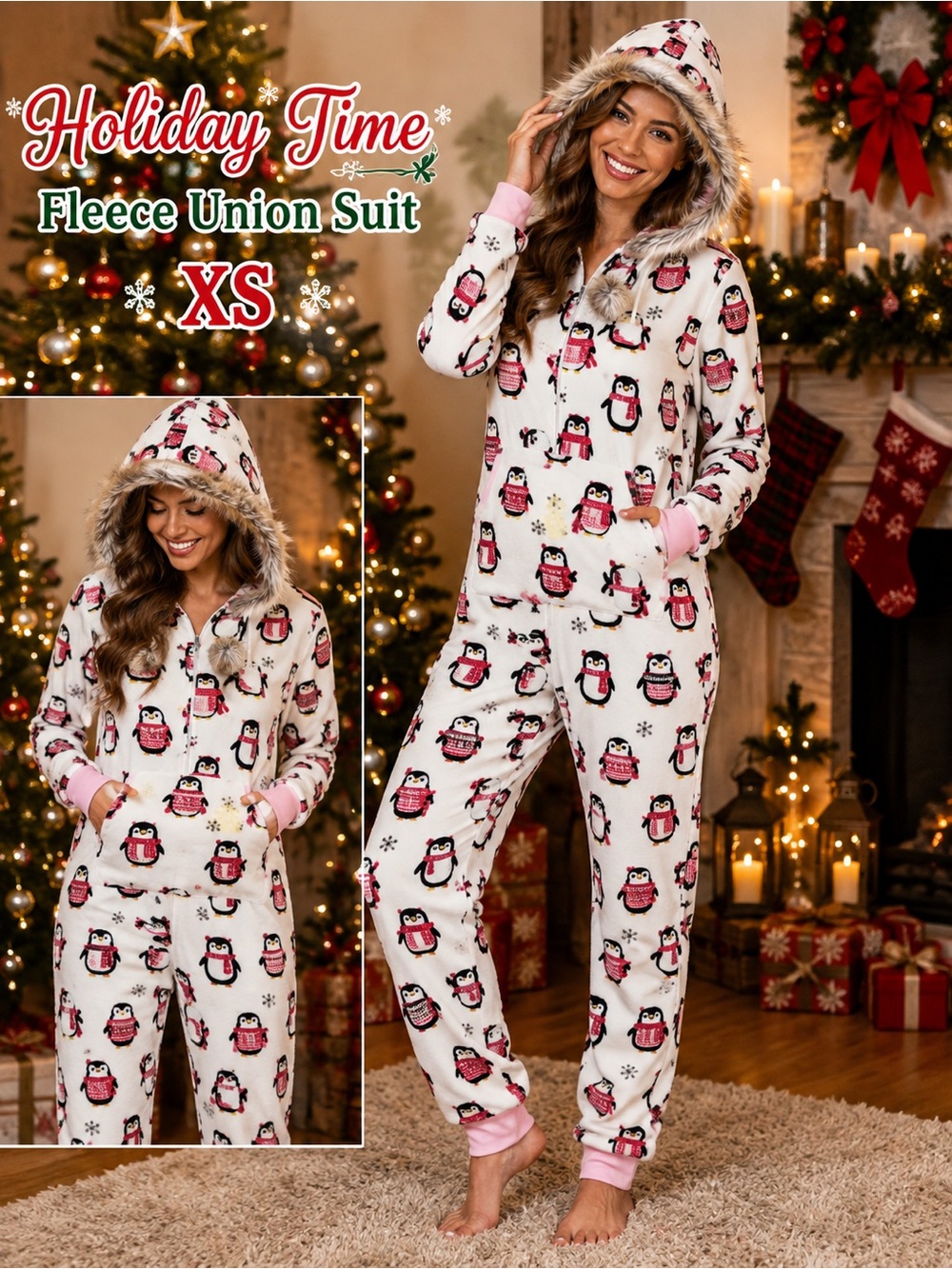 Holiday Time Penguin Fleece Hooded Union Suit Pajamas XS